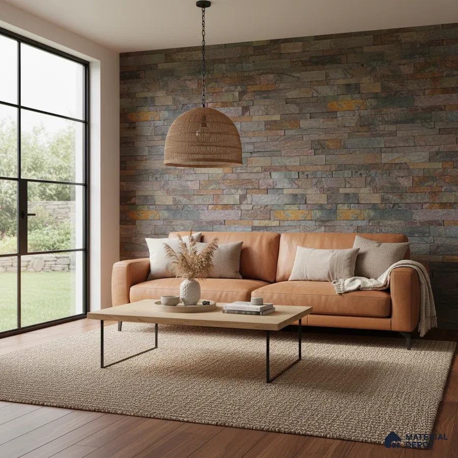 Scandinavian living room with stone cladding accent wall and tan leather sofa in Bengaluru