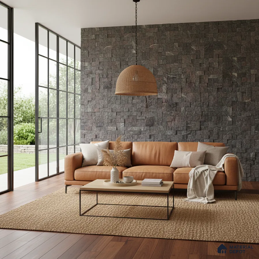 Scandinavian living room with stone cladding accent wall and walnut wooden flooring in Bengaluru