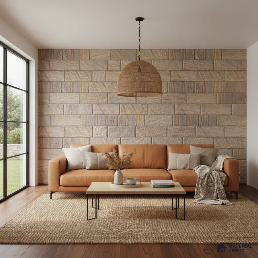 Scandinavian living room with stone cladding accent wall, tan fabric sofa, and natural jute rug in Bengaluru