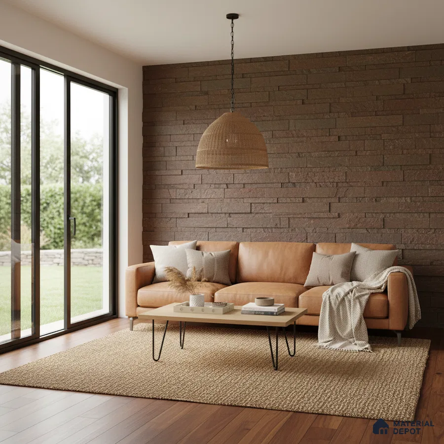 Scandinavian living room with tan leather sofa, brown stone cladding wall, and wooden flooring in Bengaluru