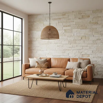 Scandinavian living room with tan leather sofa, stone cladding wall, and wooden flooring in Bengaluru
