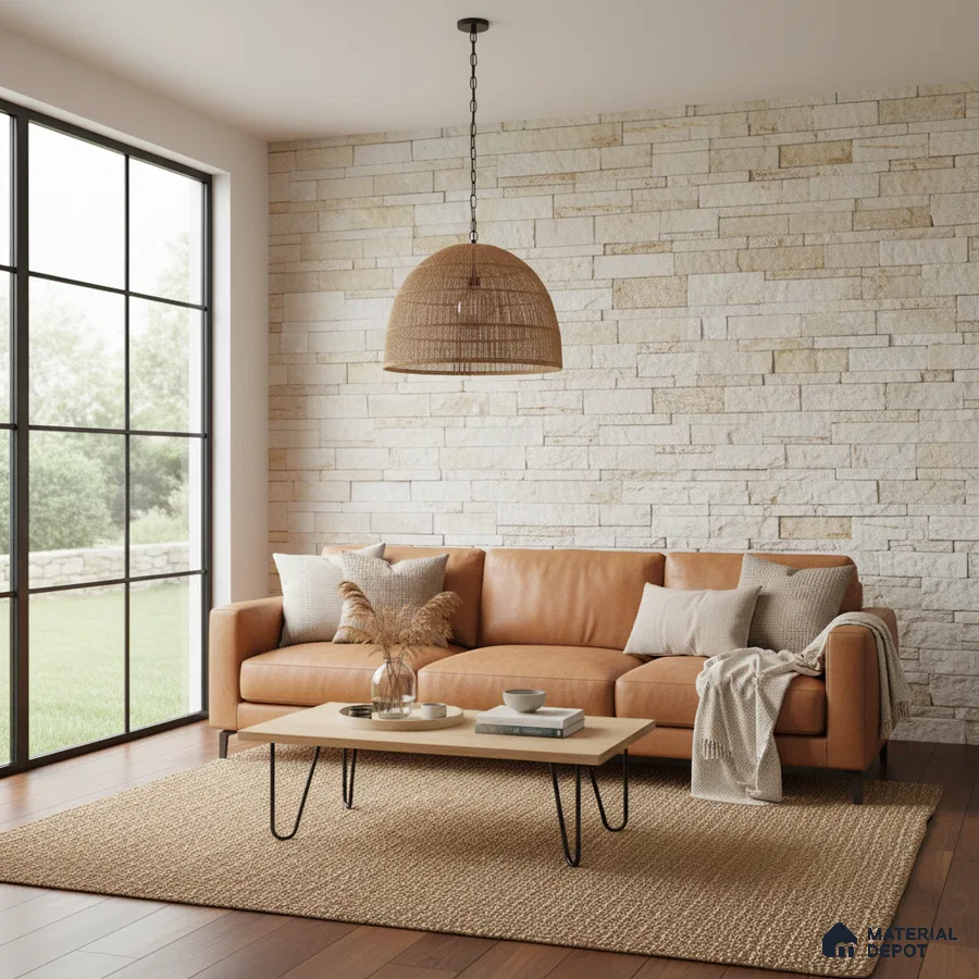Scandinavian living room with tan leather sofa, stone cladding wall, and wooden flooring in Bengaluru