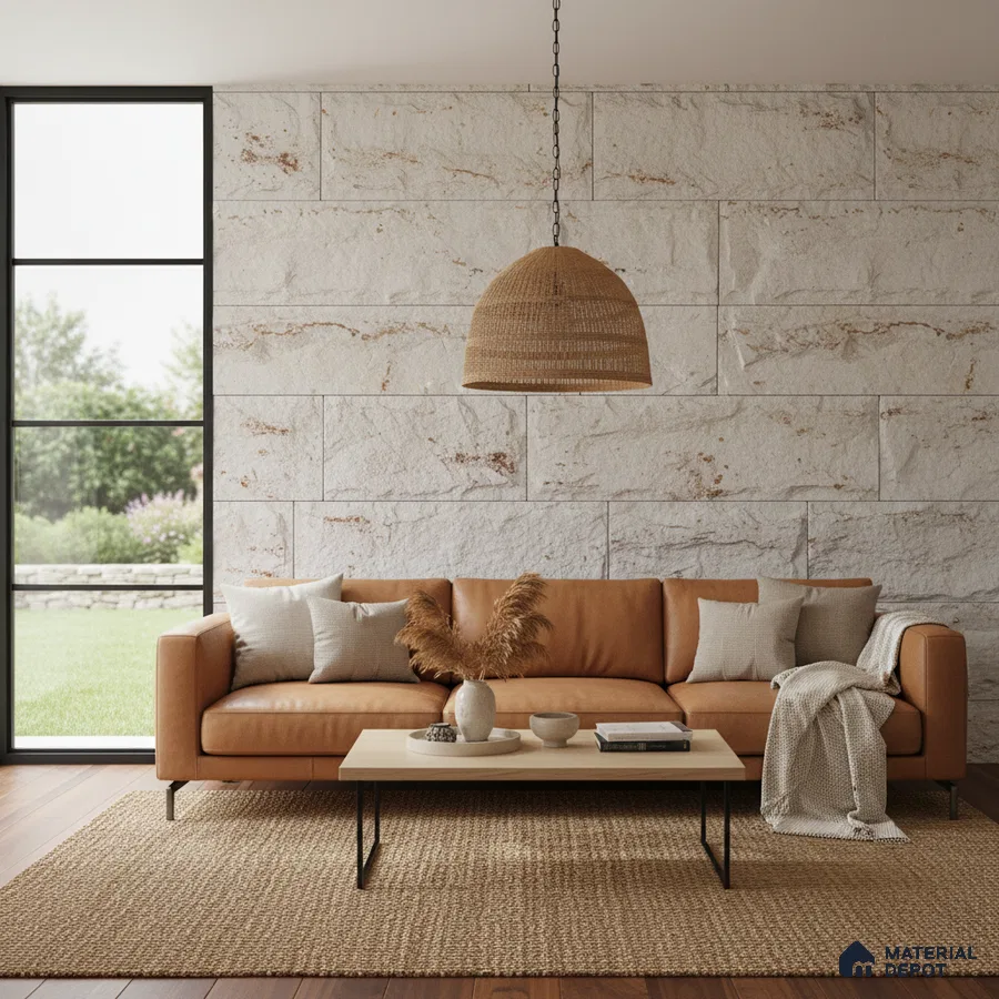 Scandinavian living room with tan leather sofa, textured stone wall cladding, and natural jute rug in Bengaluru