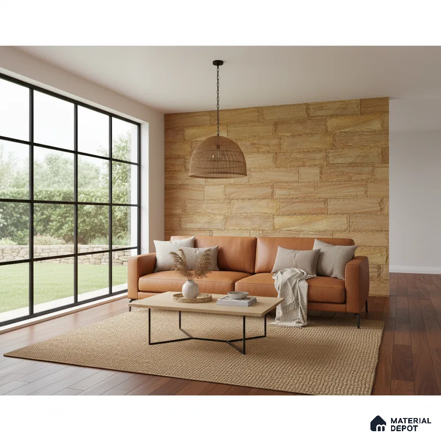 Scandinavian living room with tan stone cladding accent wall and natural wood flooring in Bengaluru