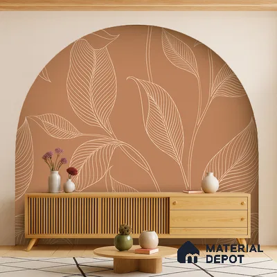 Scandinavian living room with terracotta botanical wallpaper and light oak fluted console in Bengaluru