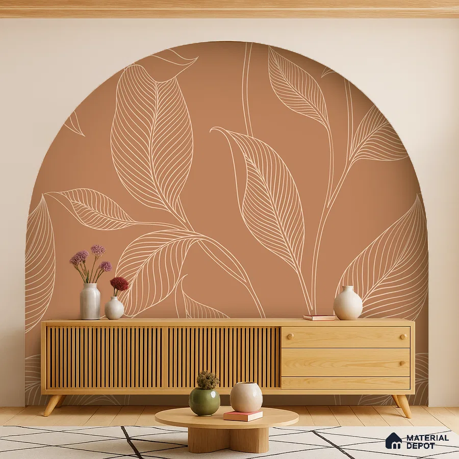 Scandinavian living room with terracotta botanical wallpaper and light oak fluted console in Bengaluru