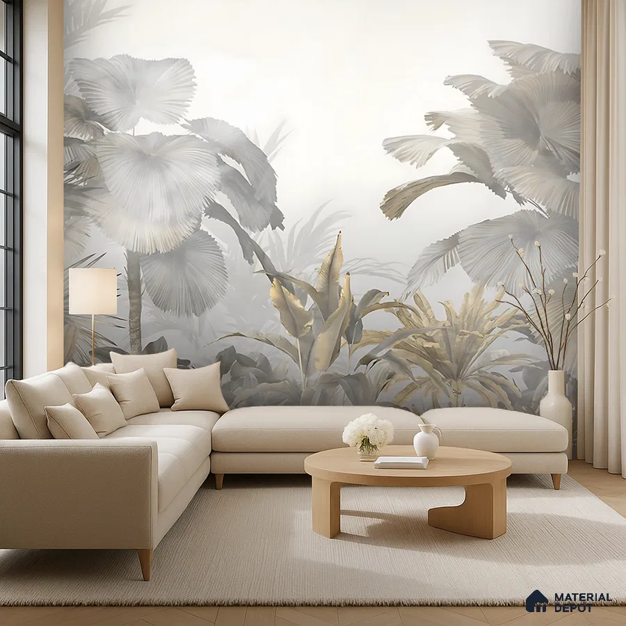 Scandinavian living room with tropical patterned wallpaper and light wood furniture in Bengaluru