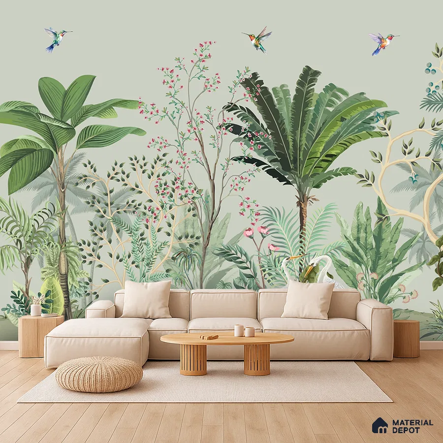 Scandinavian living room with tropical wallpaper, beige sofa, and light wood flooring in Bengaluru
