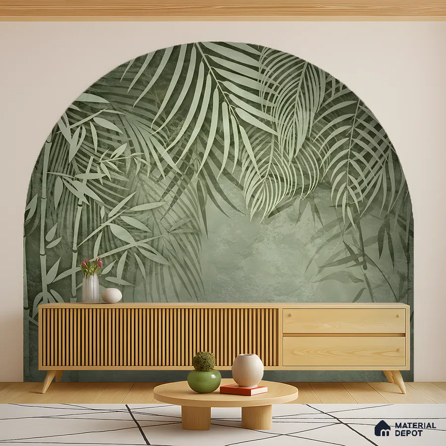 Scandinavian living room with tropical wallpaper, light oak fluted console, and wooden flooring in Bengaluru