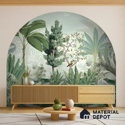 Scandinavian living room with tropical wallpaper, light wood louver console, and geometric floor tile in Bengaluru