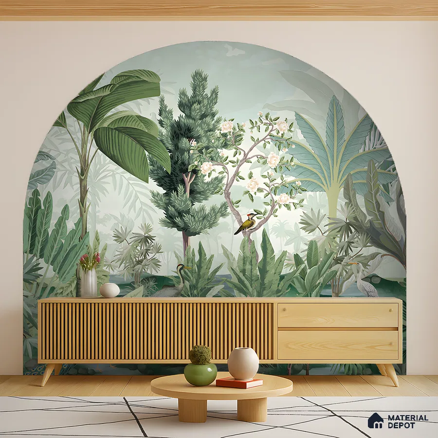 Scandinavian living room with tropical wallpaper, light wood louver console, and geometric floor tile in Bengaluru