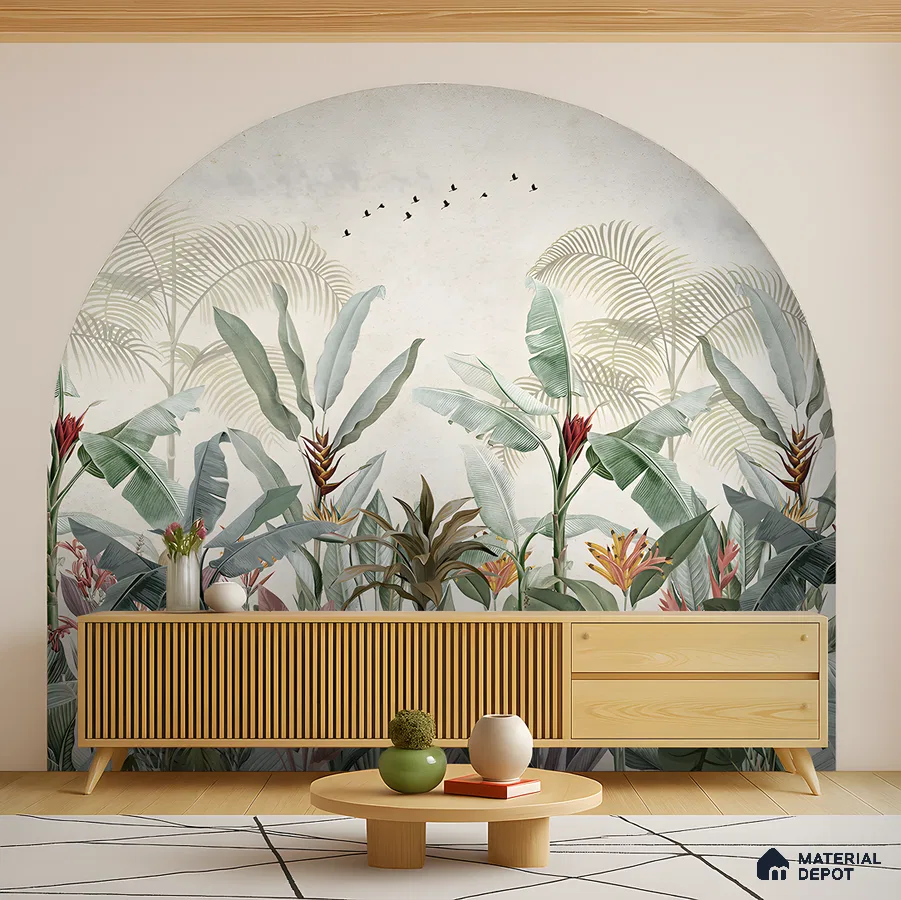 Scandinavian living room with tropical wallpaper, light wood louver console, and geometric floor tile in Bengaluru