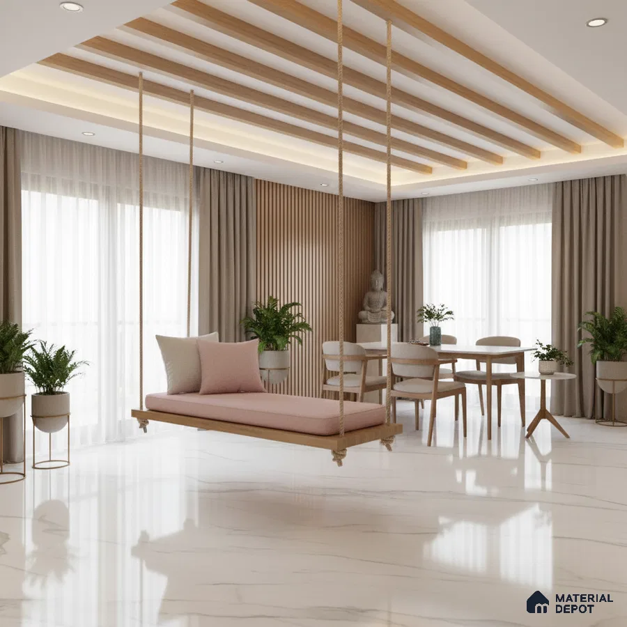 Scandinavian living room with white marble floor, light oak wood louvers, and suspended swing seat in Bengaluru