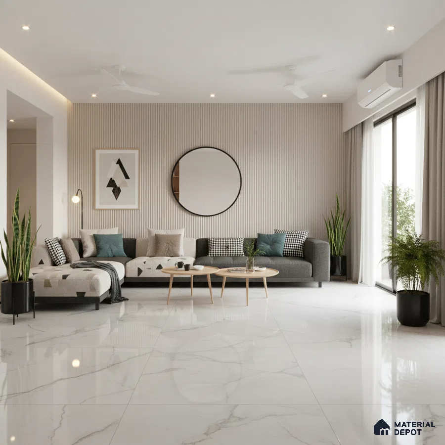 Scandinavian living room with white marble floor tiles and beige fluted wall panels in Bengaluru