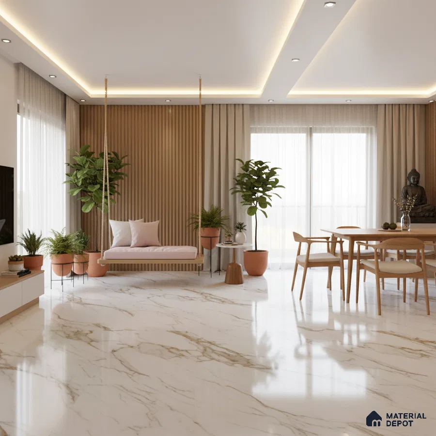 Scandinavian living room with white marble floor tiles and light oak fluted wall panels in Bengaluru