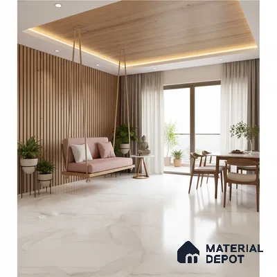 Scandinavian living room with wood louver wall, marble-look floor tiles, and wooden ceiling panel in Bengaluru
