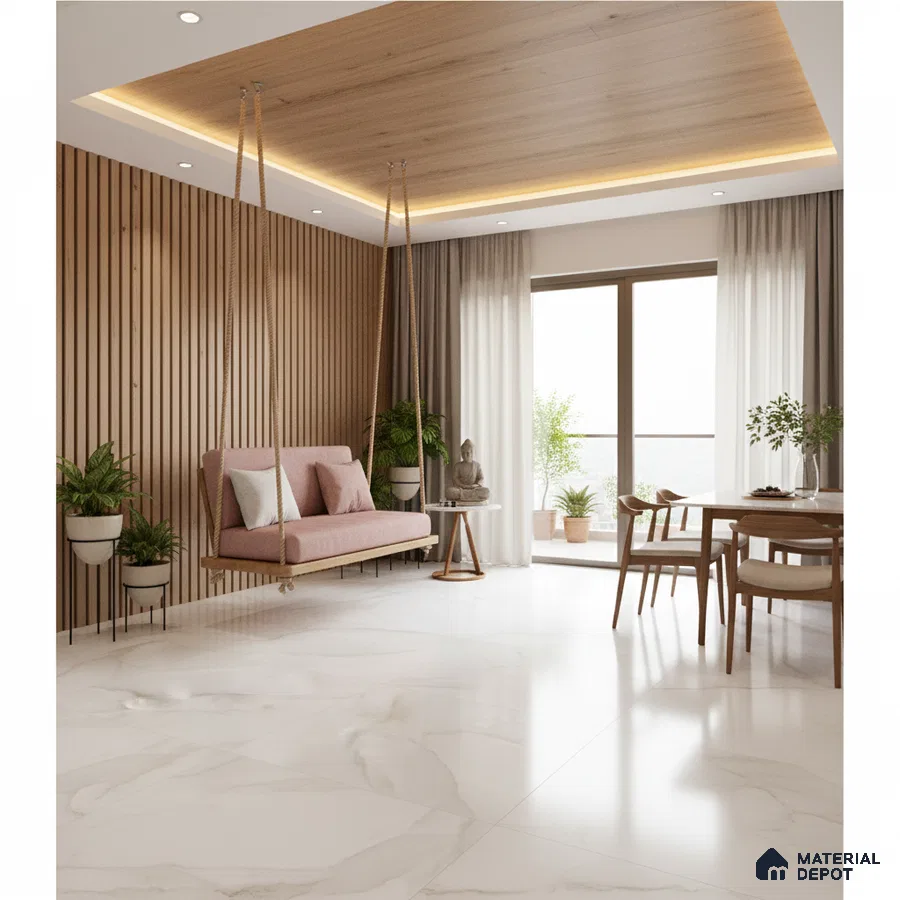 Scandinavian living room with wood louver wall, marble-look floor tiles, and wooden ceiling panel in Bengaluru
