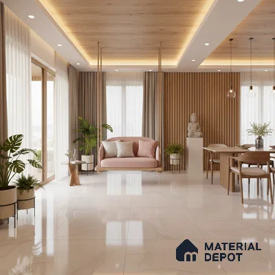 Scandinavian living room with wood louver wall panels, marble-look floor tiles, and pastel pink swing sofa in Bengaluru