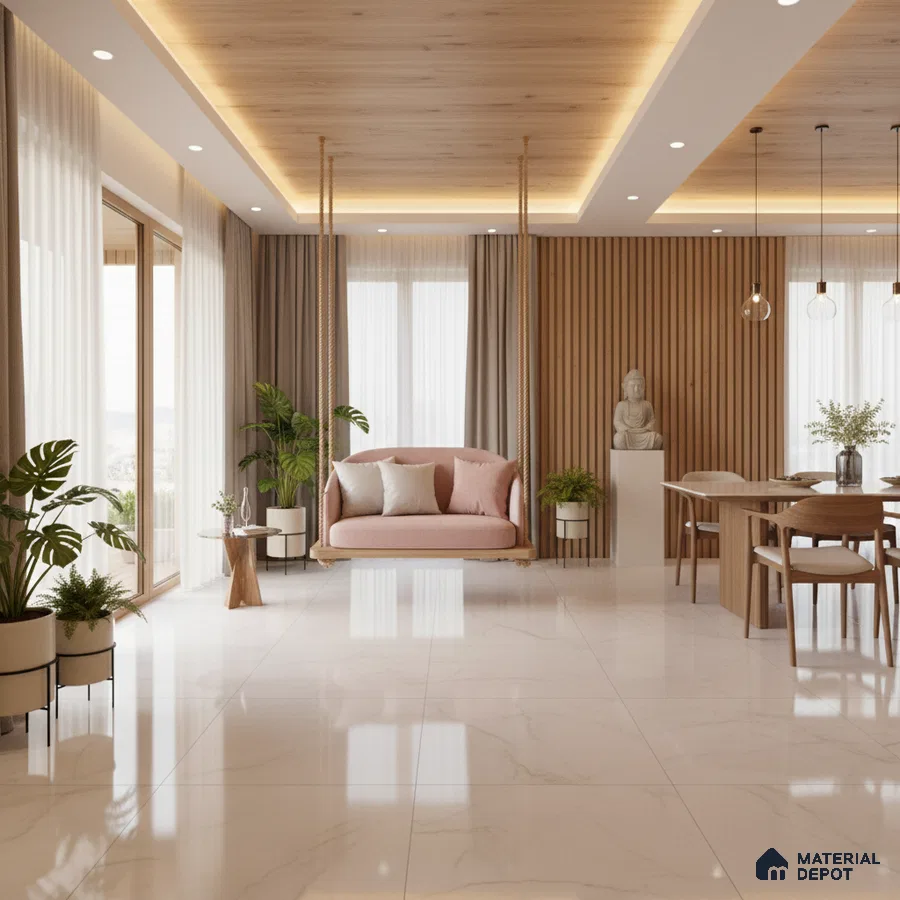 Scandinavian living room with wood louver wall panels, marble-look floor tiles, and pastel pink swing sofa in Bengaluru