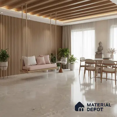 Scandinavian living room with wooden fluted wall panels, marble look floor tiles, and suspended swing seating in Bengaluru