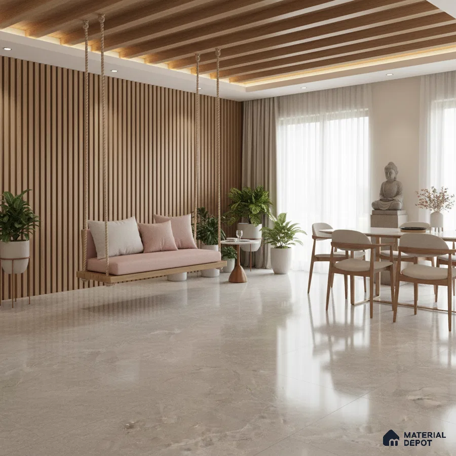 Scandinavian living room with wooden fluted wall panels, marble look floor tiles, and suspended swing seating in Bengaluru