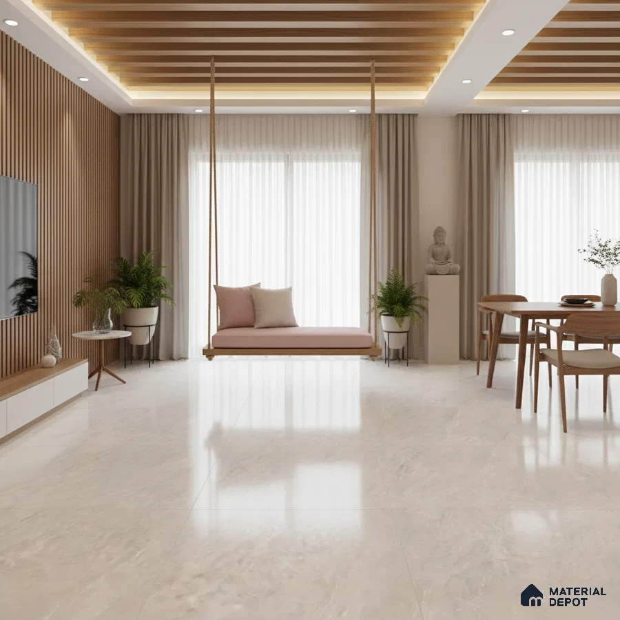 Scandinavian living room with wooden slat wall panels, beige marble floor tiles, and wooden ceiling louvers in Bengaluru