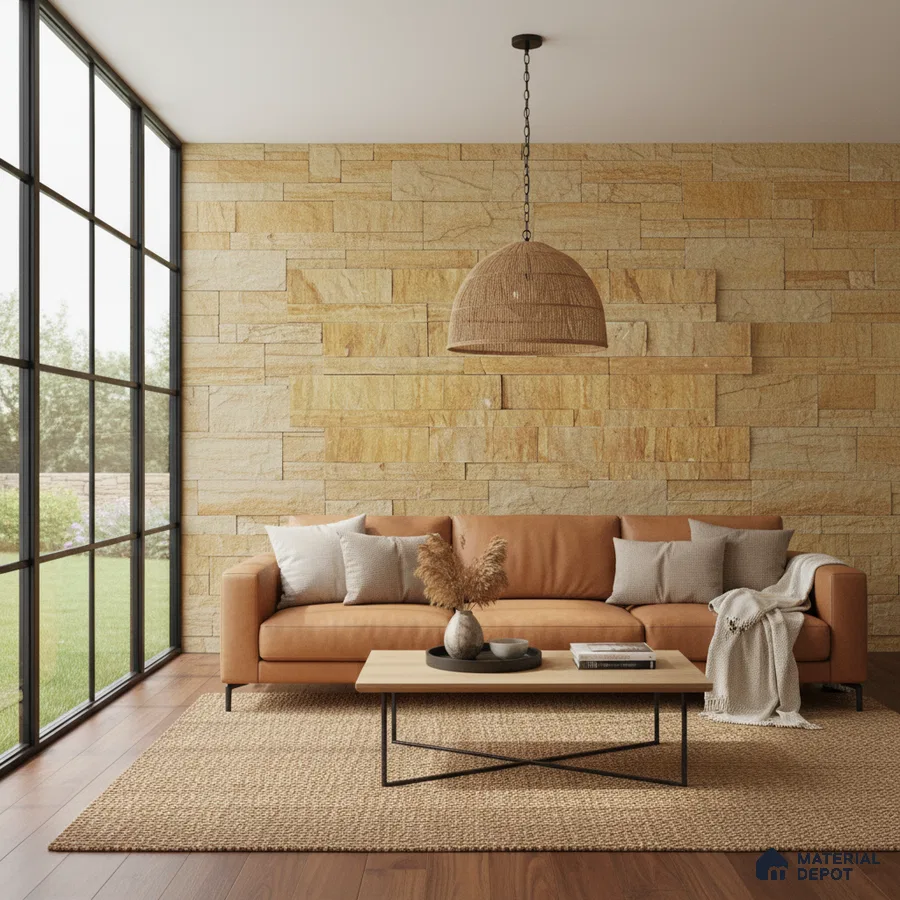 Scandinavian living room with yellow stone cladding wall, tan leather sofa, and wooden flooring in Bengaluru