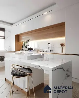 Scandinavian Luxe Kitchen With Glossy White Cabinets, Oak Accents & Waterfall Marble Island | Material Depot