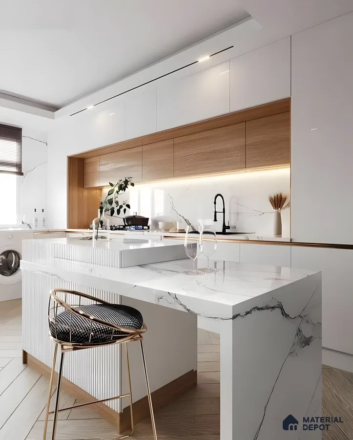 Scandinavian Luxe Kitchen With Glossy White Cabinets, Oak Accents & Waterfall Marble Island | Material Depot