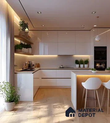 Scandinavian Minimalist Kitchen With Glossy Laminates, Oak Accents & Natural Lighting | Material Depot