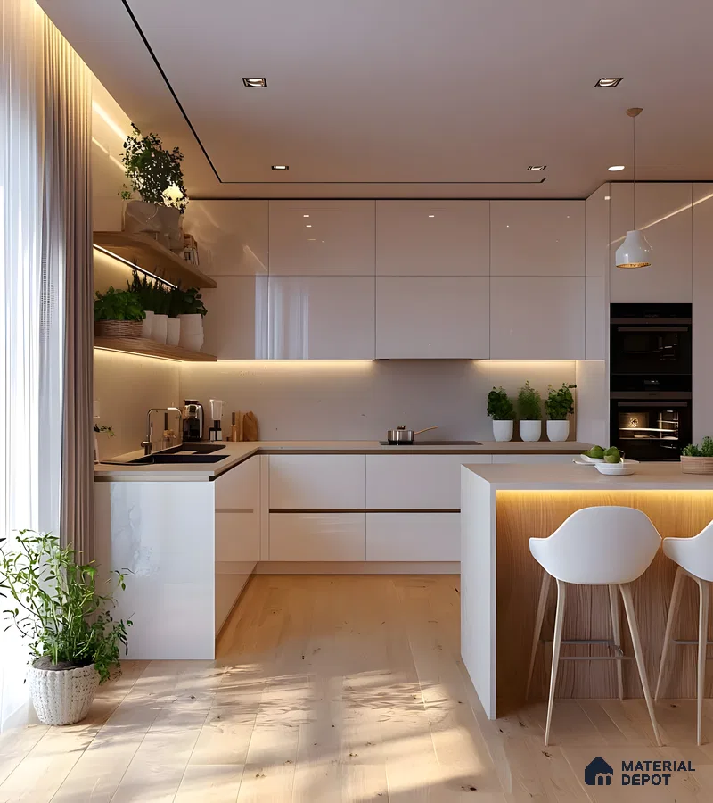 Scandinavian Minimalist Kitchen With Glossy Laminates, Oak Accents & Natural Lighting | Material Depot
