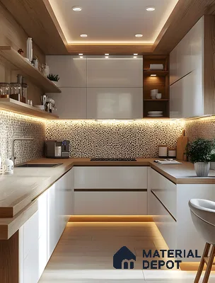 Scandinavian Modern Kitchen With Glossy White & Natural Wood, Pebble Backsplash & Cozy Cove Lighting | Material Depot