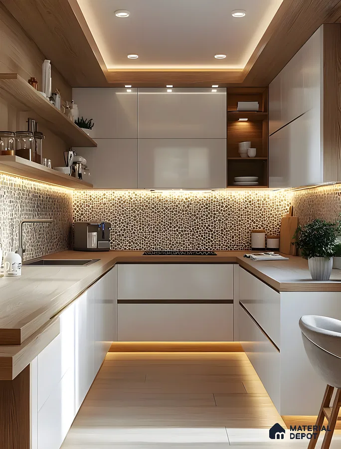 Scandinavian Modern Kitchen With Glossy White & Natural Wood, Pebble Backsplash & Cozy Cove Lighting | Material Depot