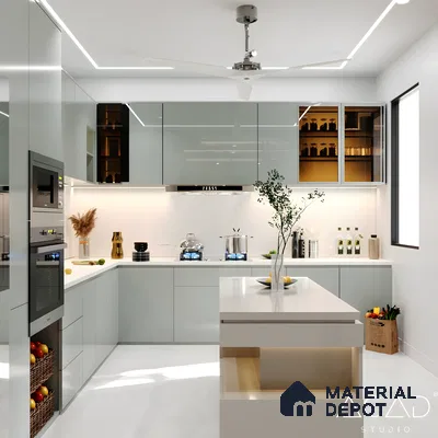 Scandinavian Modern Kitchen With Sage Green Glossy Acrylic & Quartz Island Accents By Acad Studio | Material Depot