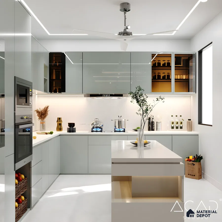 Scandinavian Modern Kitchen With Sage Green Glossy Acrylic & Quartz Island Accents By Acad Studio | Material Depot