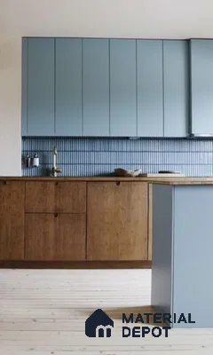 Scandinavian Simplicity: Sleek Kitchen with Wooden and Blue Accents | Material Depot