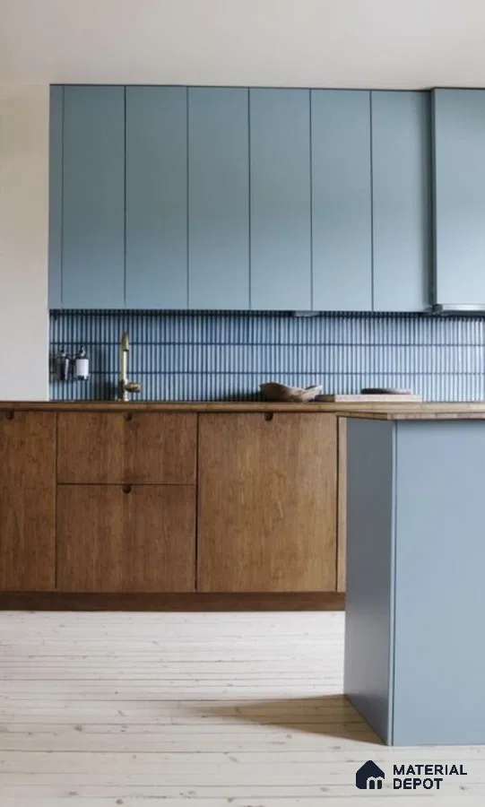 Scandinavian Simplicity: Sleek Kitchen with Wooden and Blue Accents | Material Depot