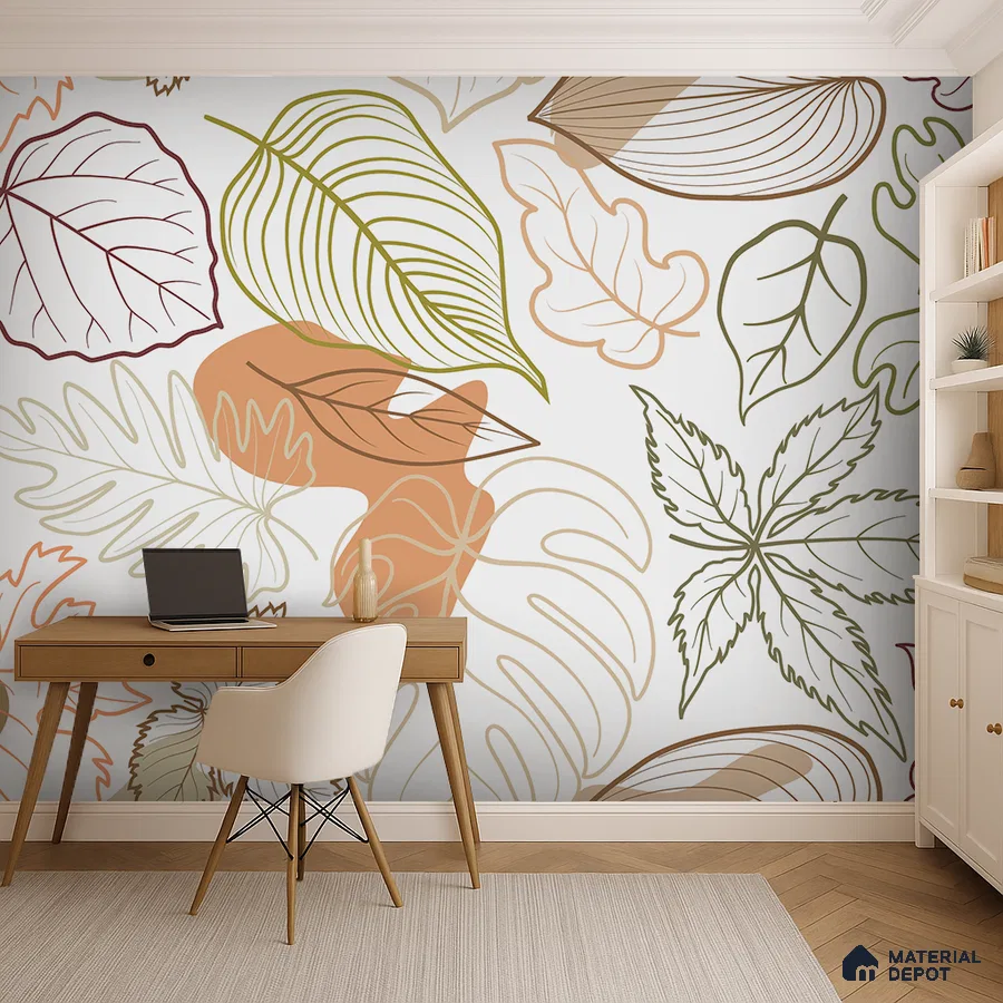 Scandinavian study room with abstract leaf patterned wallpaper and light wood desk in Bengaluru
