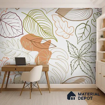 Scandinavian study room with abstract leaf patterned wallpaper and light wood desk in Bengaluru