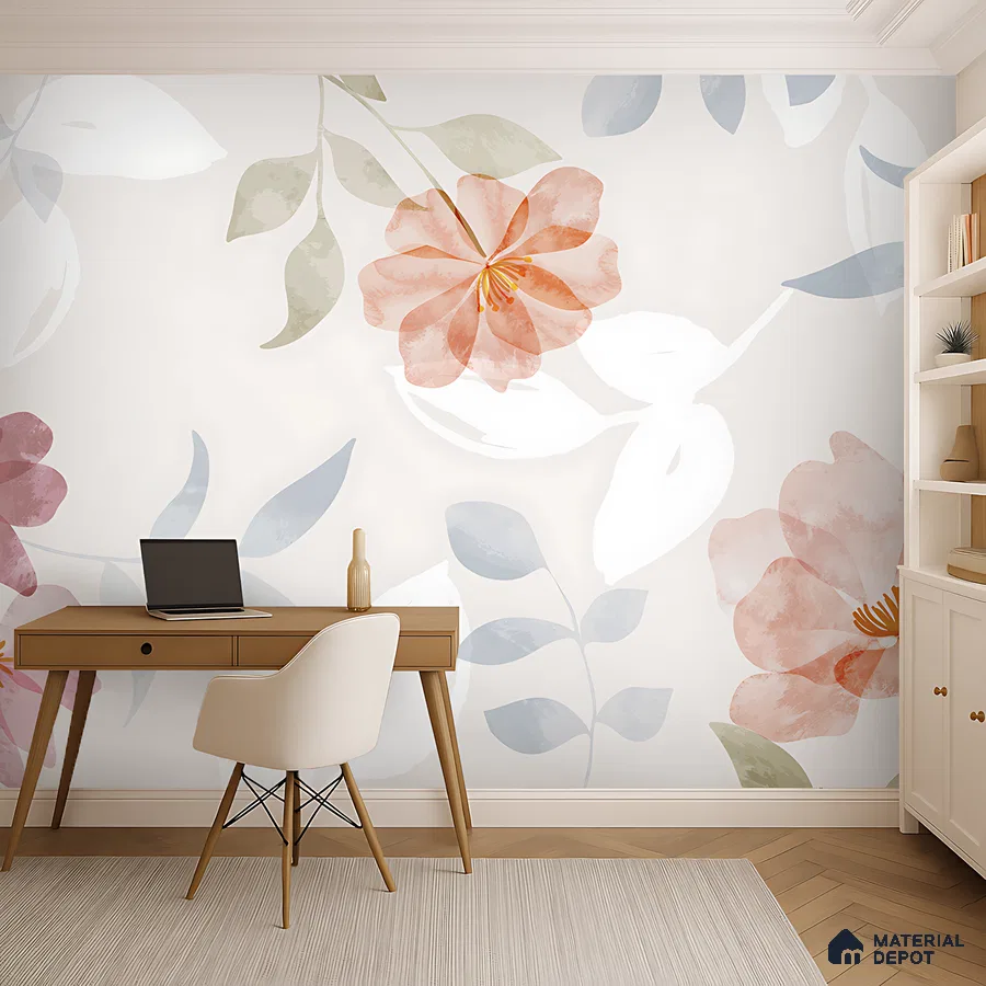 Scandinavian study room with floral wallpaper and light wood desk in Bengaluru