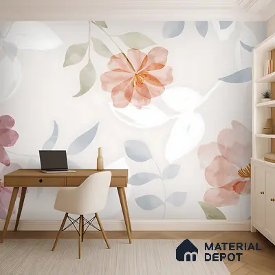 Scandinavian study room with floral wallpaper and light wood desk in Bengaluru