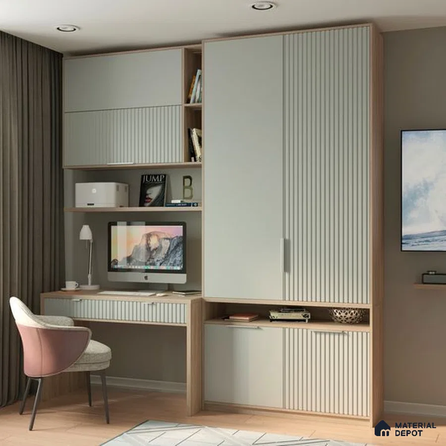 Scandinavian study room with fluted frosty white laminate and light oak wood accents | Material Depot