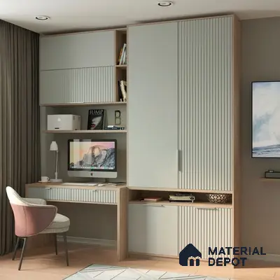 Scandinavian study room with fluted frosty white laminate and light oak wood accents | Material Depot