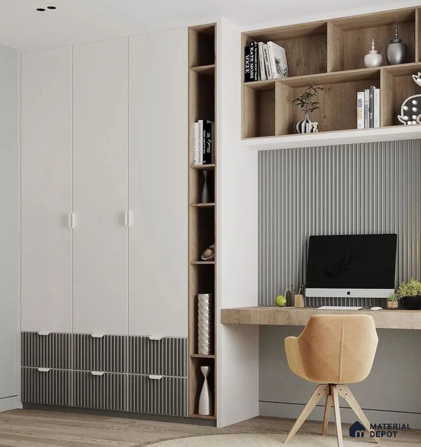 Scandinavian study room with frosty white laminate wardrobe, oak wood open shelves, and grey fluted wall panel | Material Depot