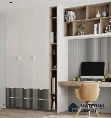 Scandinavian study room with frosty white laminate wardrobe, oak wood open shelves, and grey fluted wall panel | Material Depot