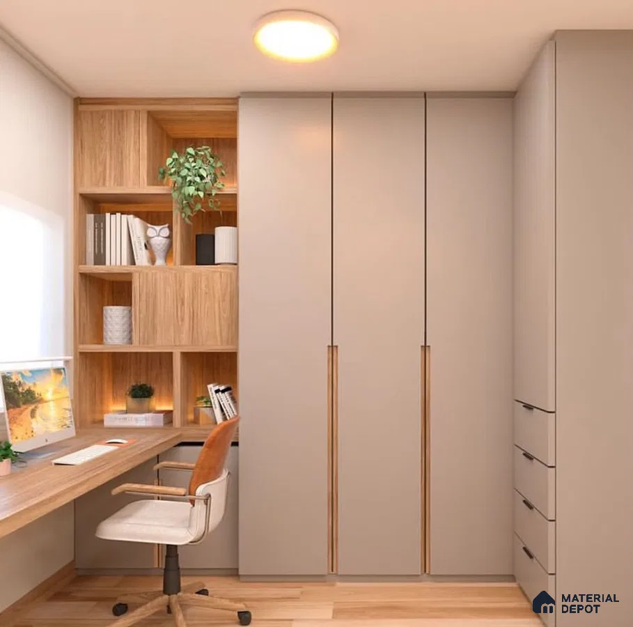 Scandinavian study room with matte beige laminate wardrobe, oak wood open shelving, and wooden flooring | Material Depot