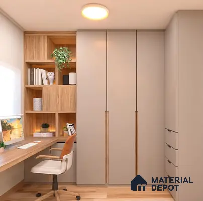 Scandinavian study room with matte beige laminate wardrobe, oak wood open shelving, and wooden flooring | Material Depot