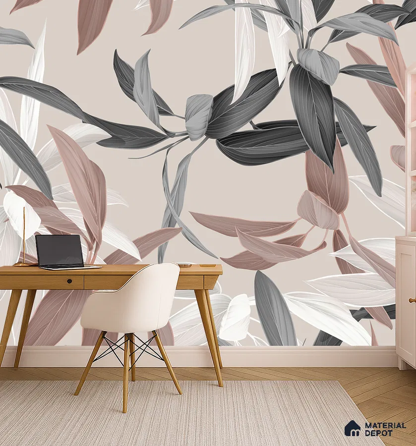 Scandinavian study room with oversized floral wallpaper and light wood furniture in Bengaluru