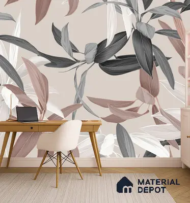 Scandinavian study room with oversized floral wallpaper and light wood furniture in Bengaluru