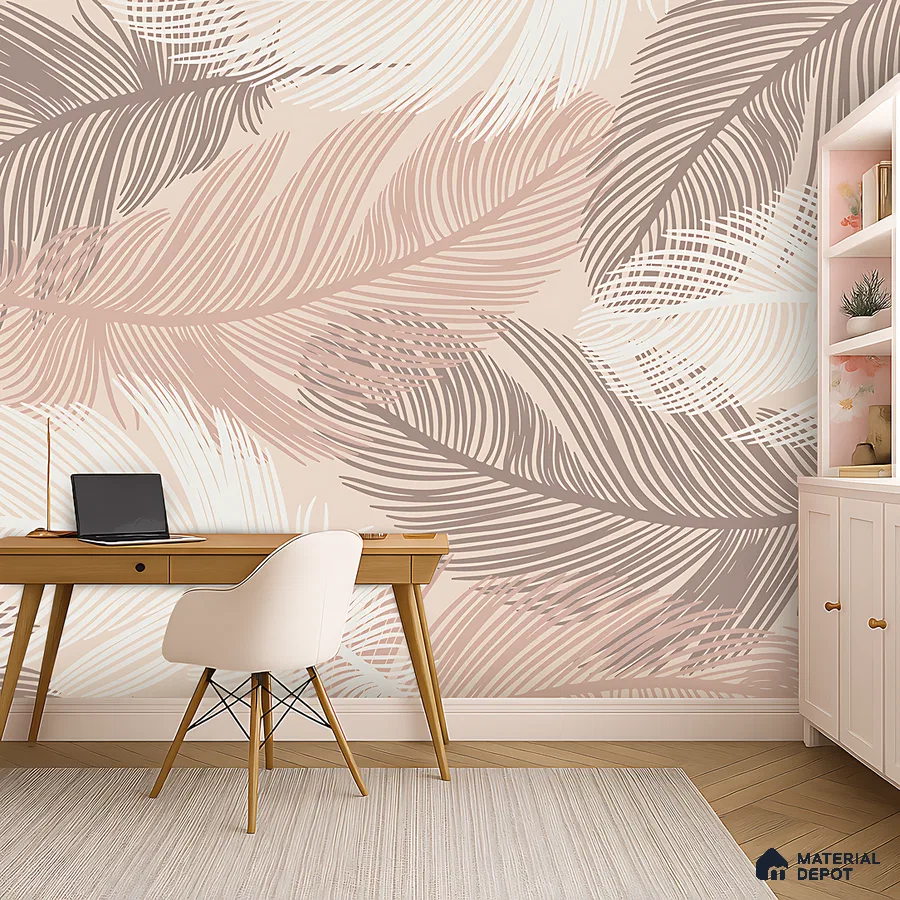 Scandinavian study room with pastel leaf patterned wallpaper and light wood desk in Bengaluru